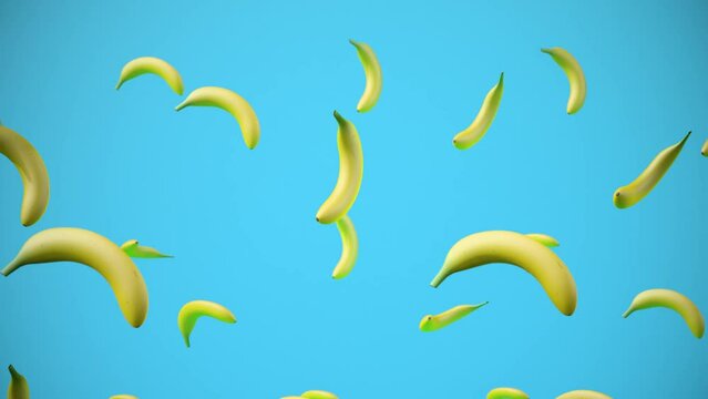 3D animation - Bananas falling and spinning in slow motion on blue background