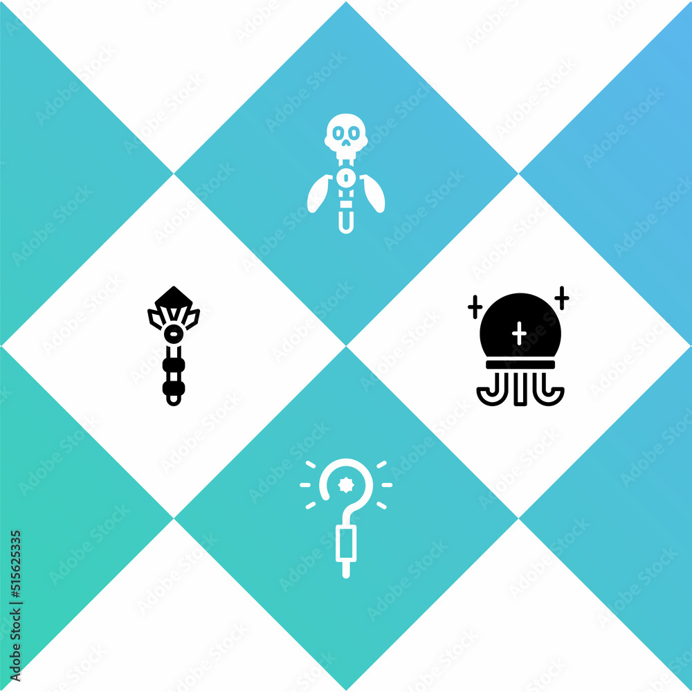 Poster Set Magic wand, , staff and ball icon. Vector