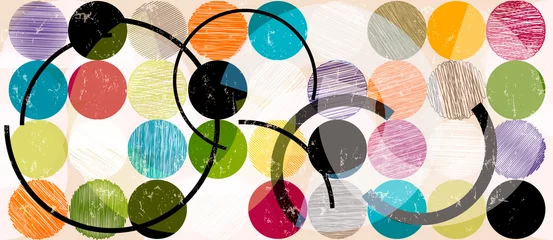 Draagtas colorufl abstract background pattern, with circles, dots, semicircles, lines, paint strokes and splashes © Kirsten Hinte