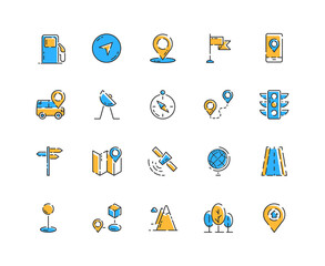 Navigation line icon set. Travel outline logo in color. Online map, GPS, traffic light, car collection for app and web page. Vector illustration concept