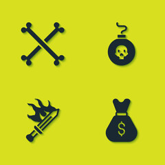 Set Crossed human bones, Old money bag, Sword for game and Bomb ready to explode icon. Vector