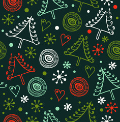 Christmas seamless background. Endless holiday pattern. Decorative xmas texture with snowflakes and spruces - 515625535