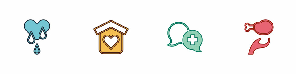 Set Blood donation, Shelter for homeless, Dialogue with doctor and Donation food icon. Vector