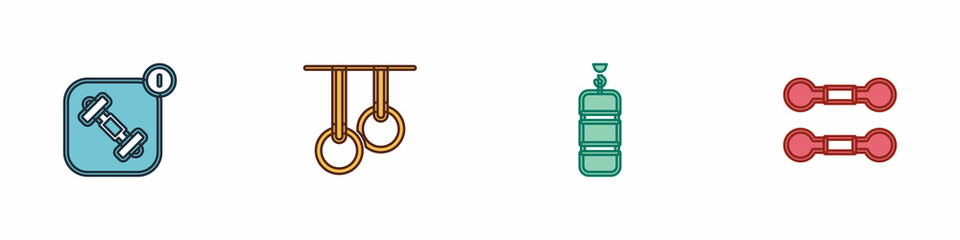 Set Fitness app, Gymnastic rings, Punching bag and Dumbbell icon. Vector