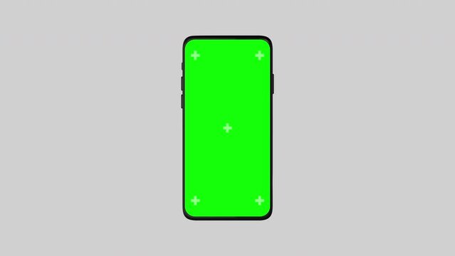 3d Smartphone With Blank Green Screen Isolated On White Background Zoom Out And Zoom In. Mobile Phone Mockup Chroma Key Display With Tracking Points. Phone In Vertical Orientation Portrait Mode.