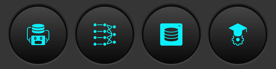 Set Artificial intelligence robot, Neural network, Server, Data and Graduation cap icon. Vector