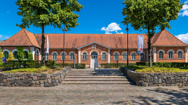 Ahrensburg, Germany - July 5, 2022: The Marstall, located opposite to the castle. The former Stables of the castle nowadays is a cultural center and museum.