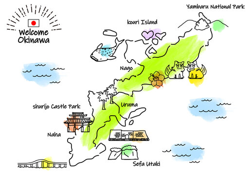 手描きの沖縄の観光地シンプル線画イラストマップ