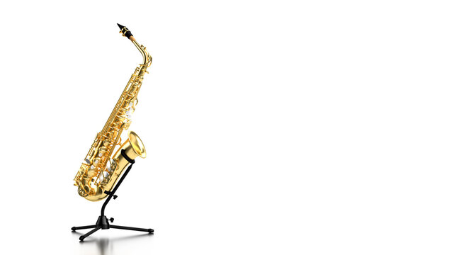 3d render musical instrument of gold yellow color saxophone on a low stand stands on the side there is a place for the text jazz