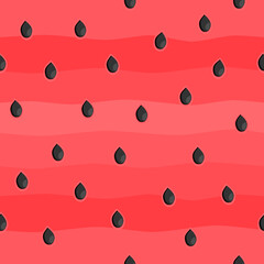 Vector seamless pattern with watermelon seeds on red backdrop. For spring and summer decoration, fest invitations, fabric, kitchen textile, towel print, gift and wrapping paper, cover of cooking book