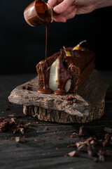 Chocolate Pear Cake. Vegan dessert with chocolate dressing. Homemade cake. Delicious pie. Sugar free pastry
