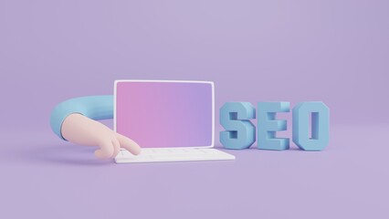 Searching SEO, Hand use laptop on pastel purple background, Social media, Information networking, 3D rendering Illustration concept 