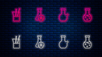 Set line Test tube with toxic liquid, Laboratory glassware and . Glowing neon icon on brick wall. Vector