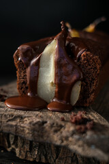 Chocolate Pear Cake. Vegan dessert with chocolate dressing. Homemade cake. Delicious pie. Sugar free pastry
