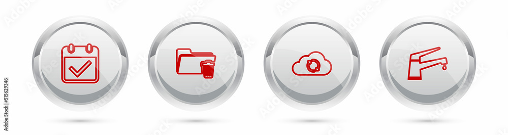 Poster set line calendar with check mark, delete folder, cloud sync refresh and water tap. silver circle bu