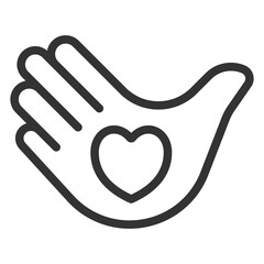 Open palm in the form of a dove and the image of a heart on it, a symbol of peace - vector sign, web icon, illustration on a white background, outline style