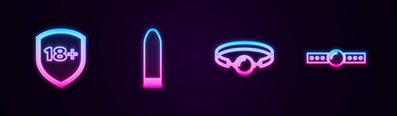 Set line Shield with 18 plus, Dildo vibrator, Silicone ball gag and . Glowing neon icon. Vector - obrazy, fototapety, plakaty