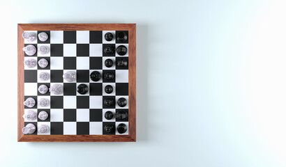 3D top view chess board game lineup and space black background for copy space , your text and other , 3D rendering chess concept