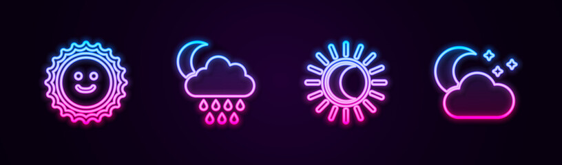 Set line Sun, Cloud with rain and moon, Eclipse of the sun and stars. Glowing neon icon. Vector