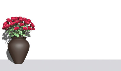 Red rose in the brown vase on blank white background , 3D rendering object for copy space