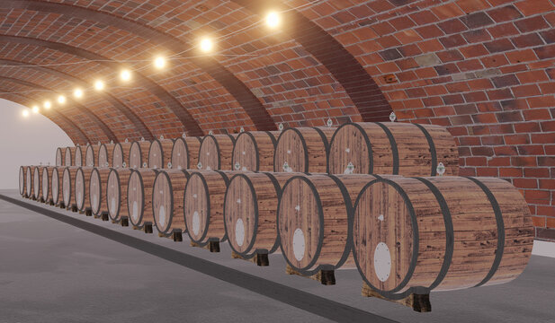 Wine tank sort to row and stack in wine cellar  , 3D rendering wine inventory illustration background