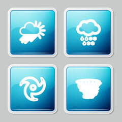 Set line Cloudy with rain and sun, snow, Tornado and icon. Vector