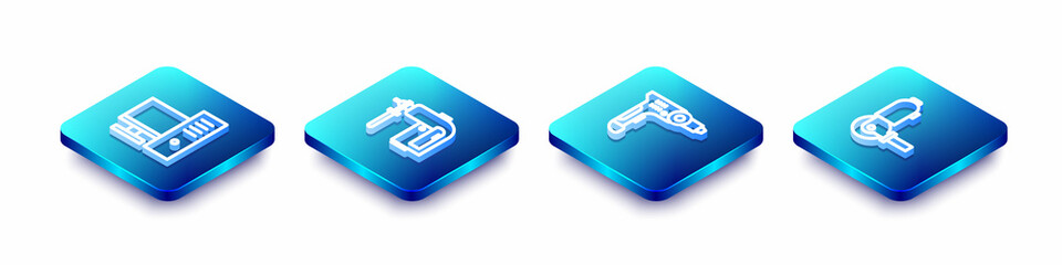 Set Isometric line Computer monitor, Rotary hammer drill machine, Electric and Angle grinder icon. Vector