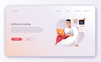 Programming concept, Character web coder at work, vector illustration. Developer programming web site landing page template.