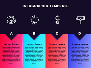 Set line Cancer zodiac, Eclipse of the sun, Solstice and Telescope. Business infographic template. Vector