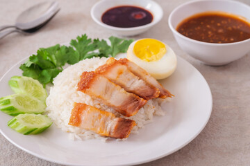 Crispy pork with rice on plate and sauce in bowl