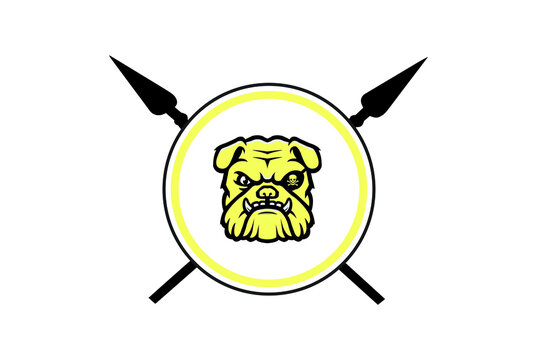 angry head mascot of bulldog with circle and Crossed spears