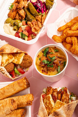 Variety of traditional takeaway Mediterranean Arabic meals