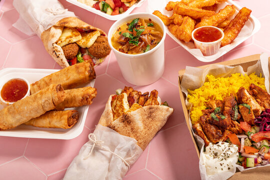 Variety of traditional takeaway Mediterranean Arabic meals