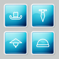 Set line Man hat, Tie, Asian conical and Beanie icon. Vector