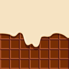 Vanilla or milk cream melted on chocolate bar. Sweet ice cream template or mockup. Vector illustration.
