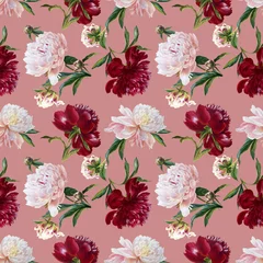 Behang watercolor seamless pattern with summer flowers - colorful peonies in botanical style © Irina