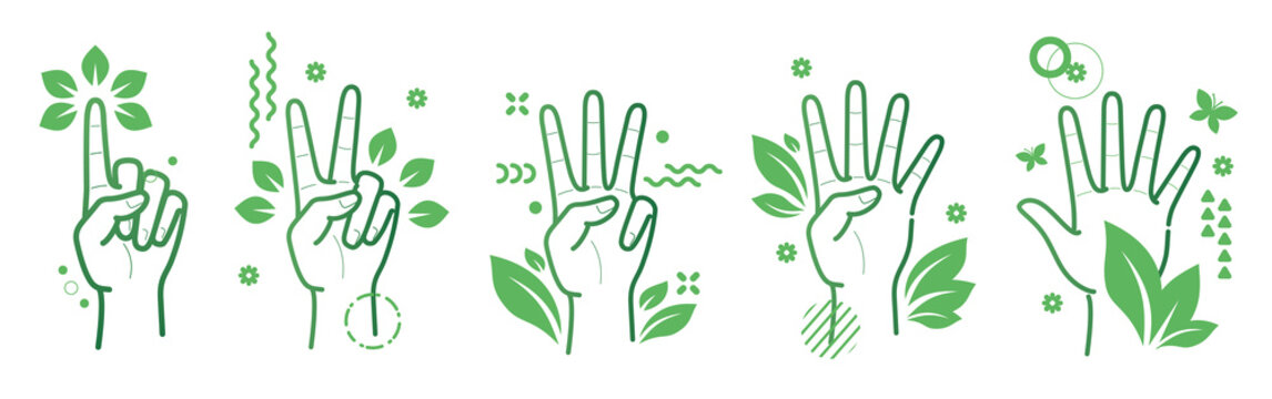 Hands showing numbers one, two, three, four, five in ecological style. Flat / line style with small geometric particles and dots. Set elements.