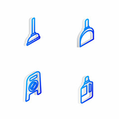 Set Isometric line Dustpan, Rubber plunger, Wet floor and cleaning in progress and Fabric softener icon. Vector