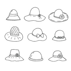 Set of summer sun hats vector illustration, hand drawing doodles
