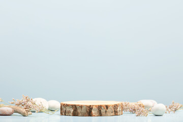 Background for cosmetic products of pastel blue color. Wood podium with dry flowers and natural...