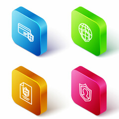 Set Isometric line Credit card with shield, Shield world globe, Contract and Life insurance icon. Vector