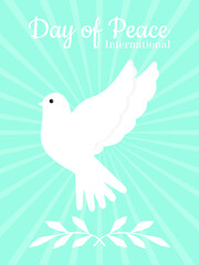 International Day of Peace. White dove on a blue vertical poster. Vector.