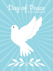 International Day of Peace. White dove on a blue vertical poster. 