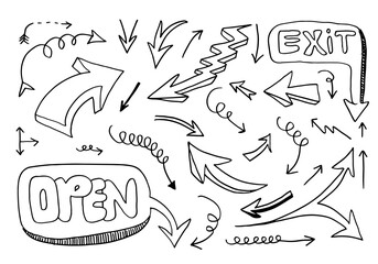 hand drawn arrow icon set isolated on white background.