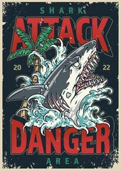 Shark attack colorful vintage poster