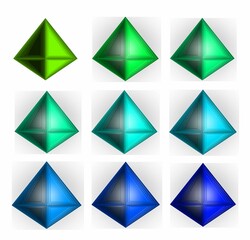 nine pyramids with a transitional color from green to blue