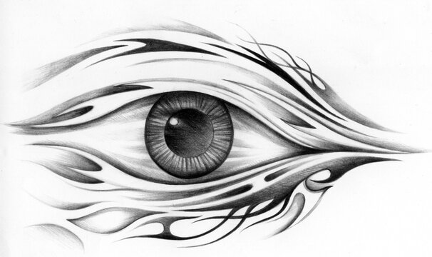 Art surreal eye tattoo. Hand drawing on paper.
