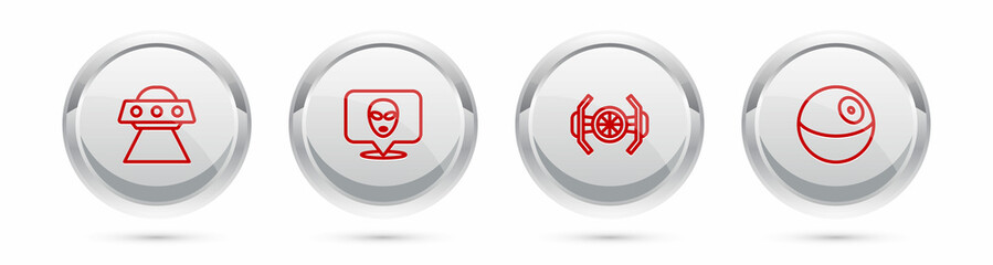 Set line UFO flying spaceship, Alien, Cosmic and Planet. Silver circle button. Vector