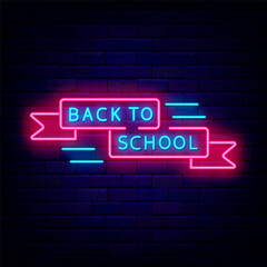 Fototapeta na wymiar Back to school neon label. Welcome to school text with ribbon. September activity. Vector stock illustration