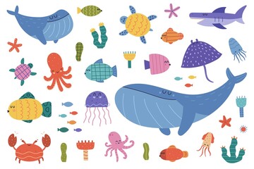 set of cartoon cute animals underwater world vector illustration